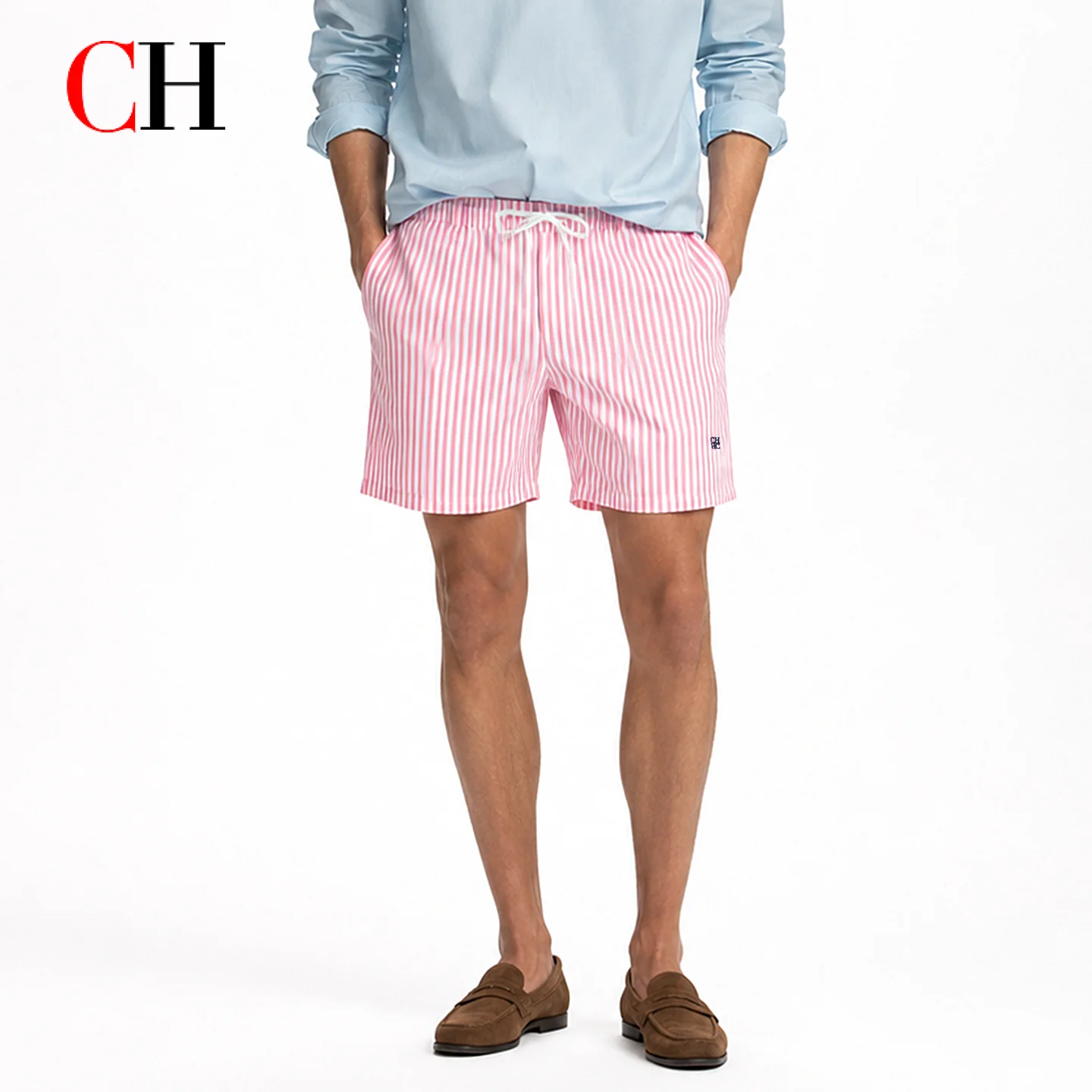 CH Pantalones cortos a rayas para hombre, pantalones cortos informales de verano con cordón y cintura elástica para vacaciones en la playa, pantalones cortos tipo Bermuda holgados de color rosa y blanco