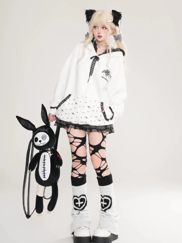 Japanese Fashion Highstreet Sweet Cool Girl Y2K Hoodies Loose Casual Lace Patchwork Ear Hooded Sweatshirts Jackets Women Autumn