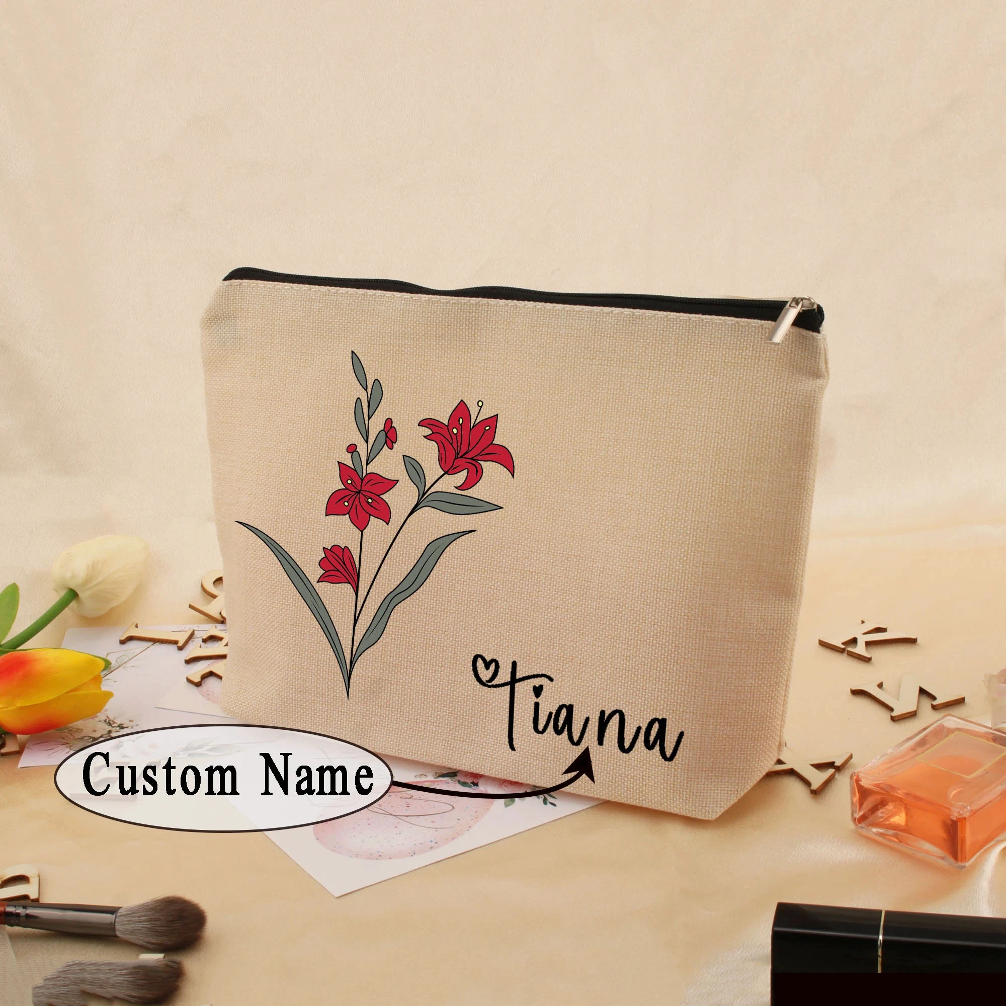 

Customizable Canvas Zipper Cosmetic Bag Personalized Floral Toiletry Bag For Travel Daily Beauty Storage And Bridal Party Gifts