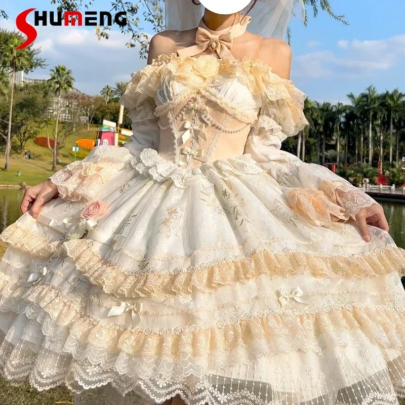 

Original Sweet Lolita Short Dress Ladies Slim Fit Lace Removable Long Sleeve Dress Bridal Wedding Party Dress Vestidos De Mujer