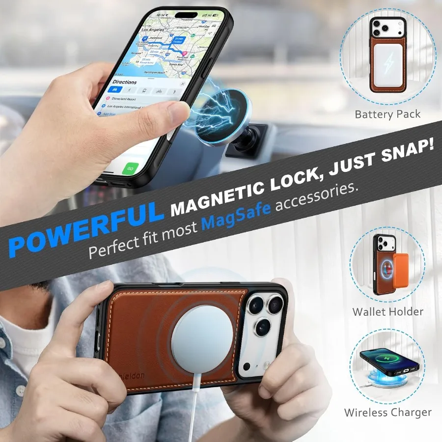 Custodia a portafoglio in vera pelle 2 in 1 per iPhone 17 Pro Max 6.9 con ricarica wireless Design magnetico staccabile Blocco RFID Ca