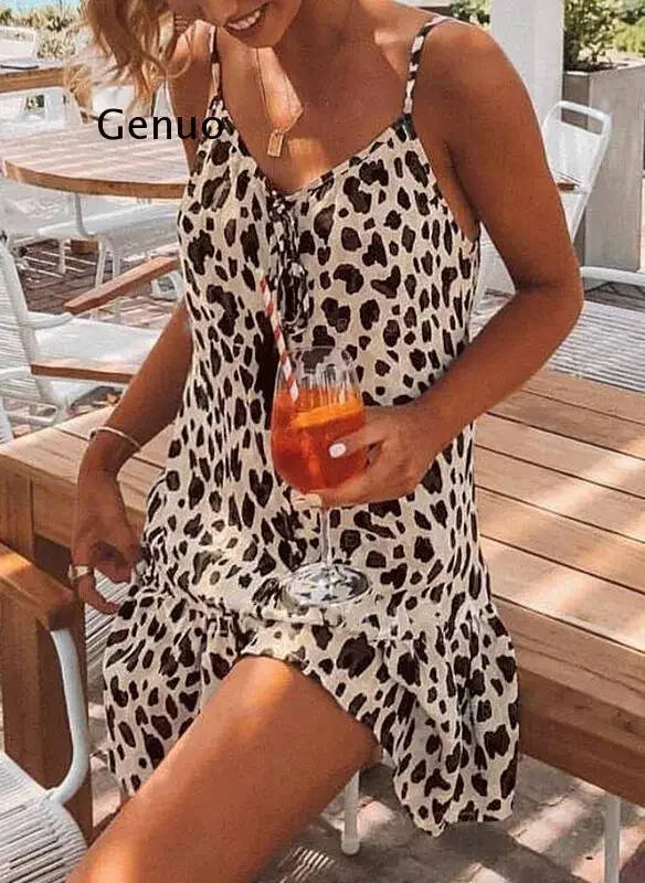 Sexy Spaghetti Strap Leopard Print Beach Mini Woman Dress 2021 Summer Loose Casual Boho Dresses For Women  Femme Robe