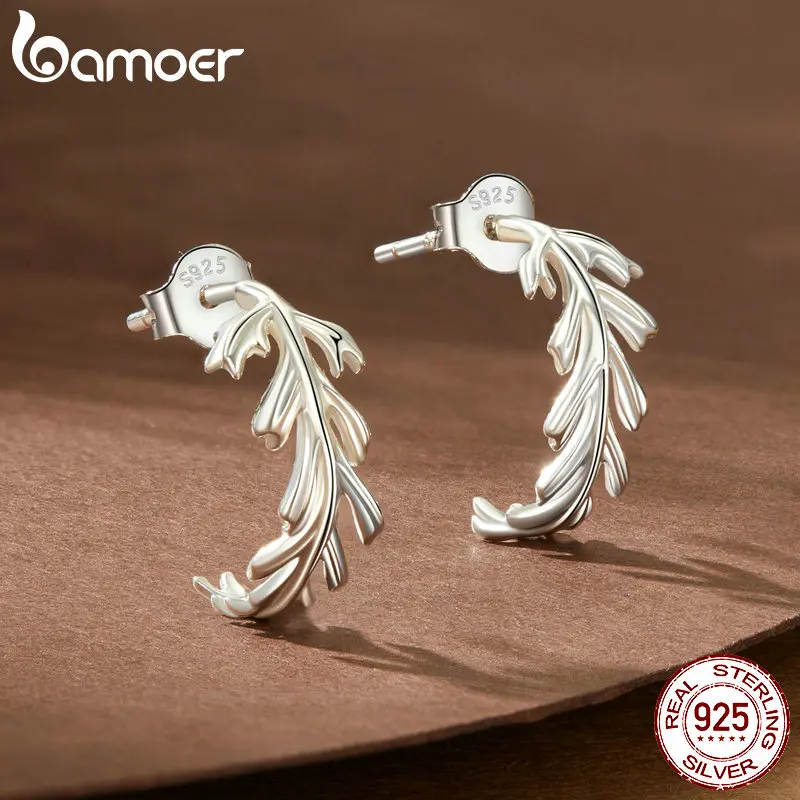 BAMOER Solid 925 Sterling Silver Dainty Leaf Stud Earrings - Hypoallergenic Minimalist Cute Huggie Studs for Women SCE1791