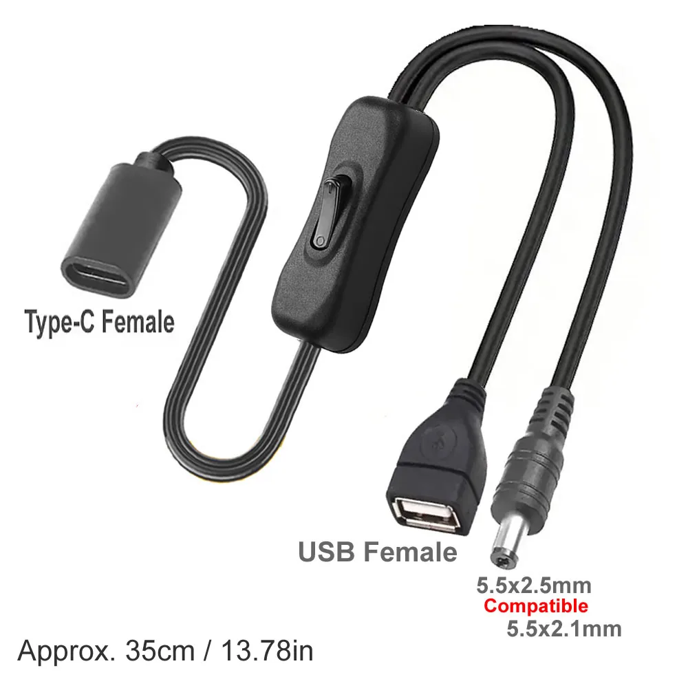 2-in-1-USB-Typ-C-Verlängerungskabel mit Ein-/Aus-Schalter-Taste, USB-C PD auf Micro-USB/DC, 5,5 x 2,1 mm, Netzkabel, 5 V, universell Typ C