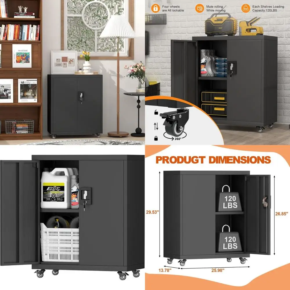 

Металлический шкаф для хранения высотой 31,5 дюйма с замком, передвижной ящик для инструментов на колесах, запираемый шкаф с регулируемыми полками для гаража