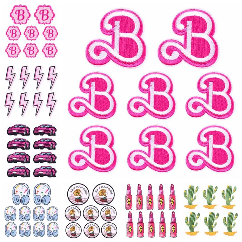 10PCS Wholesale Pink B Car Lipstick Embroidered Patch Cartoon Iron On Patches For Clothing Thermoadhesive Patches On Clothes DIY