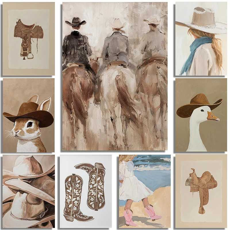 Warm Neutral Country Rodeo Poster Western Cowboy Prints Horse Saddle Canvas Painting Wall Pictures Southeastern Boy Room Decor