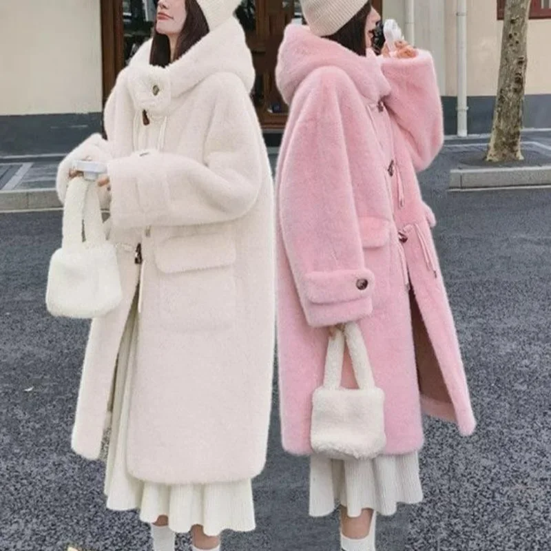 

Explosive Lamb Fur Coat Coat Women's Winter with Wool Thickened Horns Buckle Hooded Long Cute EverythingEnvironmental Protection