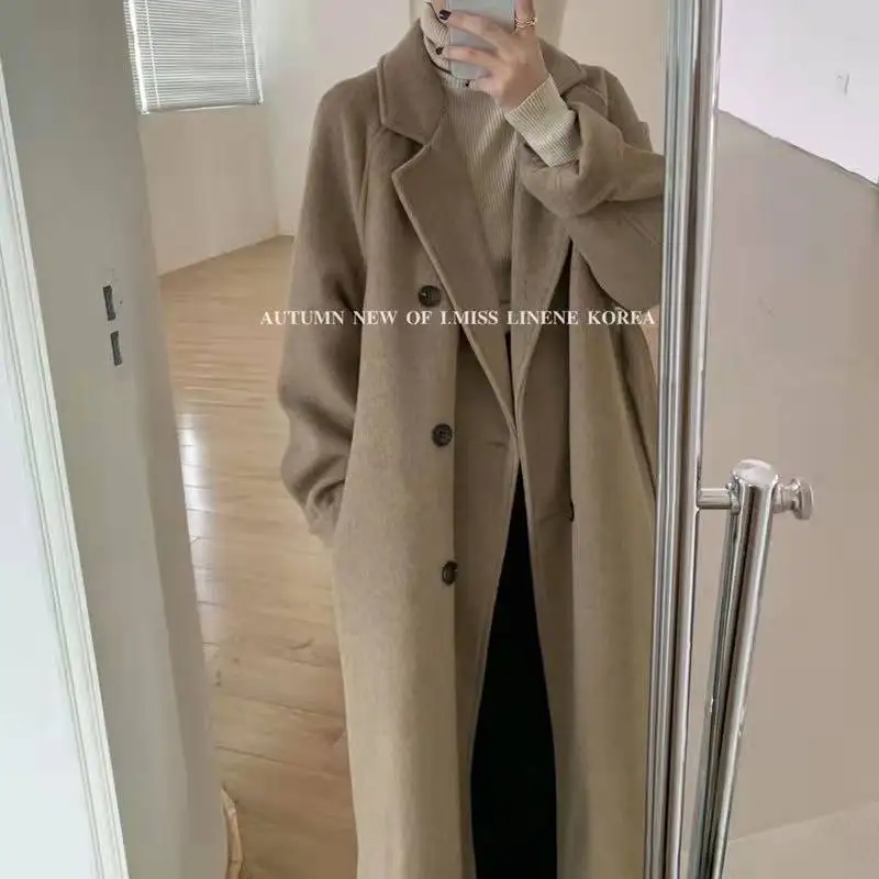 Blends Women Mid Length Wool Coats Splice Korean Jackets Turn Down Collar Full Sleeve Double Breasted Thick Autumn Winter