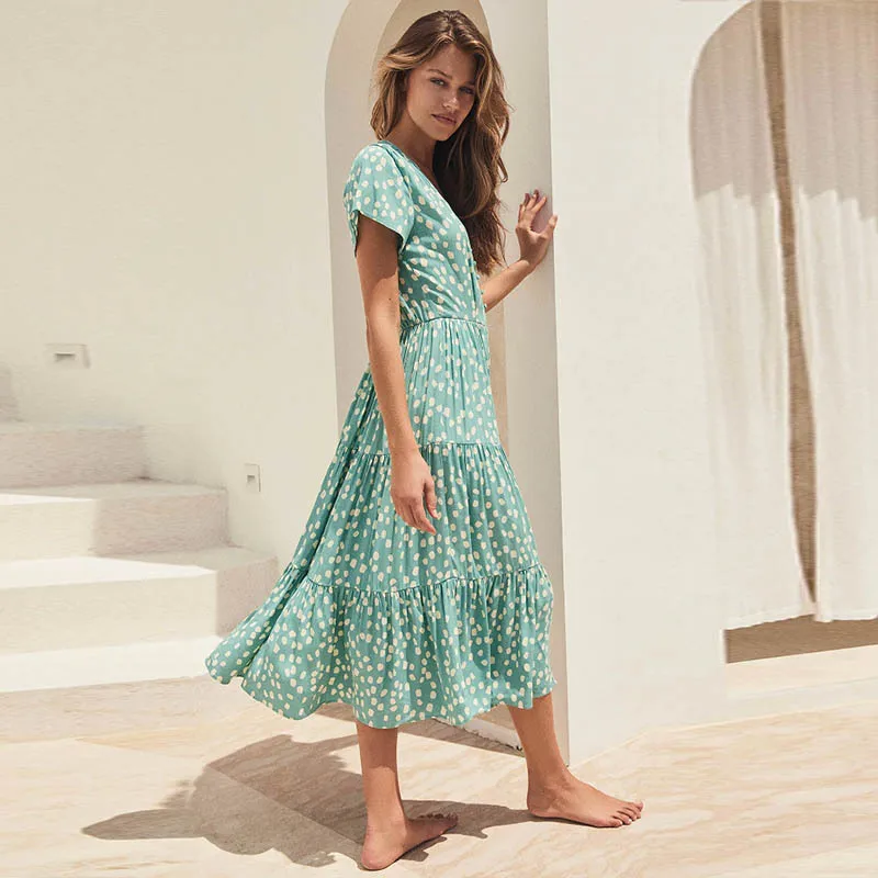 2023 春夏 Vネックボタン花柄プリント カジュアル ホリデー ドレス レディース ハイウエスト ニット フェアリースカート