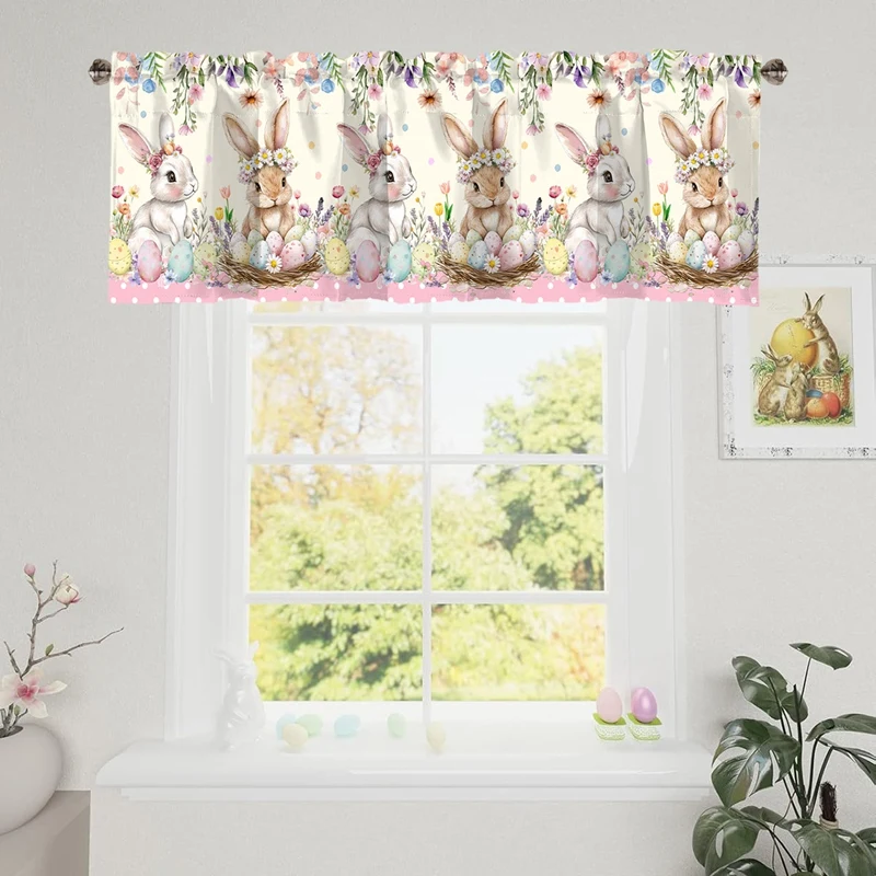 Easter Bunny Short Curtains Valances Happy Easter Party Decorations for Home 2026 Spring Windows Treatments for Kitchen Bathroom