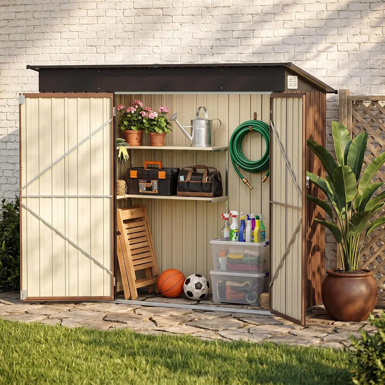 8 x 4 FT Outdoor Storage Shed, Galvanized Steel Tool Shed with Double Lockable Doors, Air Vent & Sloped Roof for, Customized