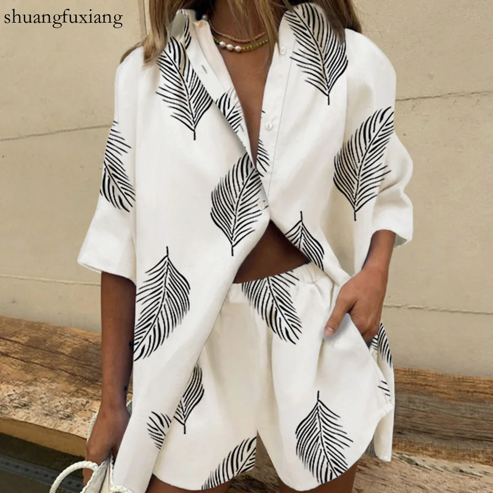 Two Piece Sets Womens Outfits Summer Casual Loose Print Two Piece Sets Fall Boho Beach Holiday Half Sleeve Shirt And Shorts Sets