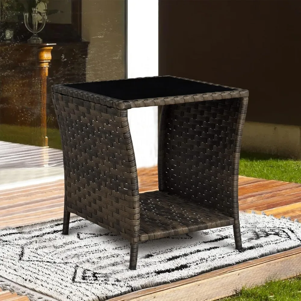 

Wicker Side Coffee Table Outdoor Side Tables with Storage Bistro Table Patio Furniture Square End Tables Garden Table Brown