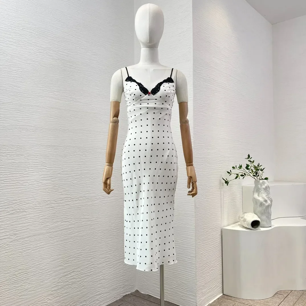 

White Black Polka Dots Heart Shaped Collar Sling Sleeveless Pullover Midi Dress 2024 Designer Fashion Vintage Silk Women Mermaid