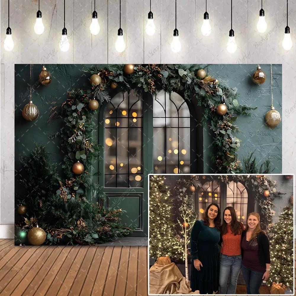 Зеленый рождественский фон для фотографии окон, рождественский праздник, тематическое украшение для вечеринки, баннер, детский портретный реквизит для фотосессии