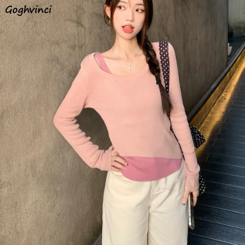 T-Shirts Women Panelled Fake 2pcs Knitted Long Sleeve Slim Fit Inner All-match Sweet Spicy Girls Casual Ins Korean Fashion Tops