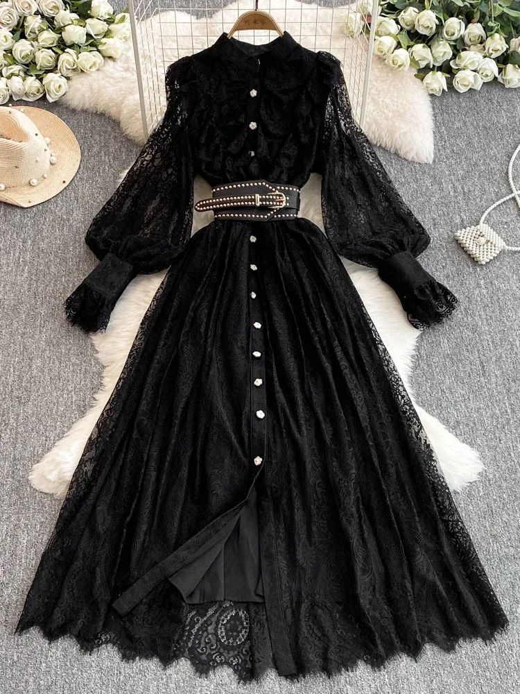 

New Spring Autumn Lace Dress for Women White Black Elegant Waist Long Sleeve Style Birthday Party Dress Female C186