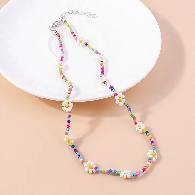 Aihua Bohemia Colorful Seed Bead Flowers Necklace For Women Kids Friendship Necklace Ethnic Beach Party Gifts