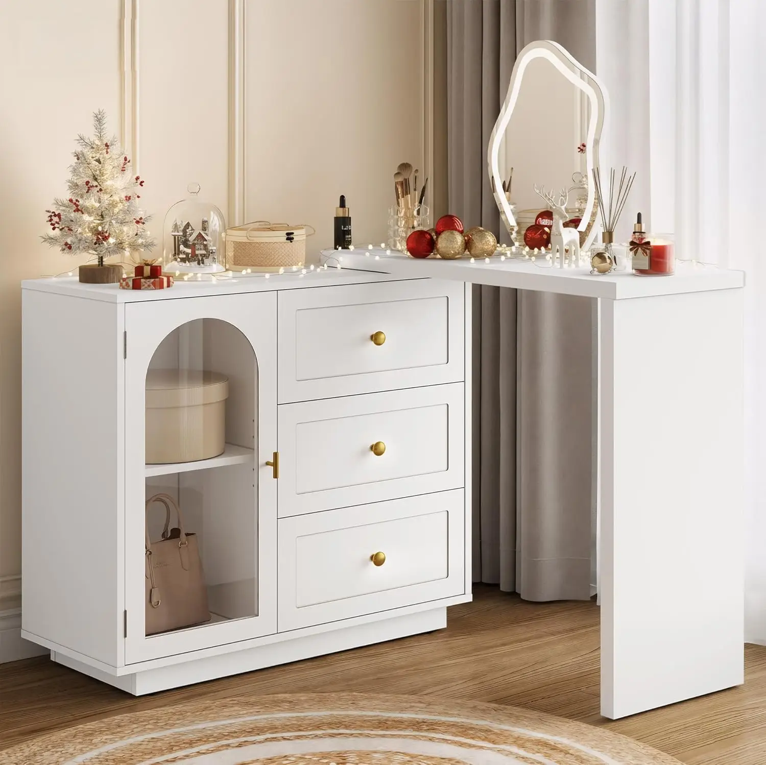 59” Makeup Vanity Desk, White Vanity Dresser Combo, Modern Dressing Table with 3 Drawer & 1 Door, Vanity for Bedroom, L Sharped Corner Table for Working, Drawing, Nail Care (Without Mirror)