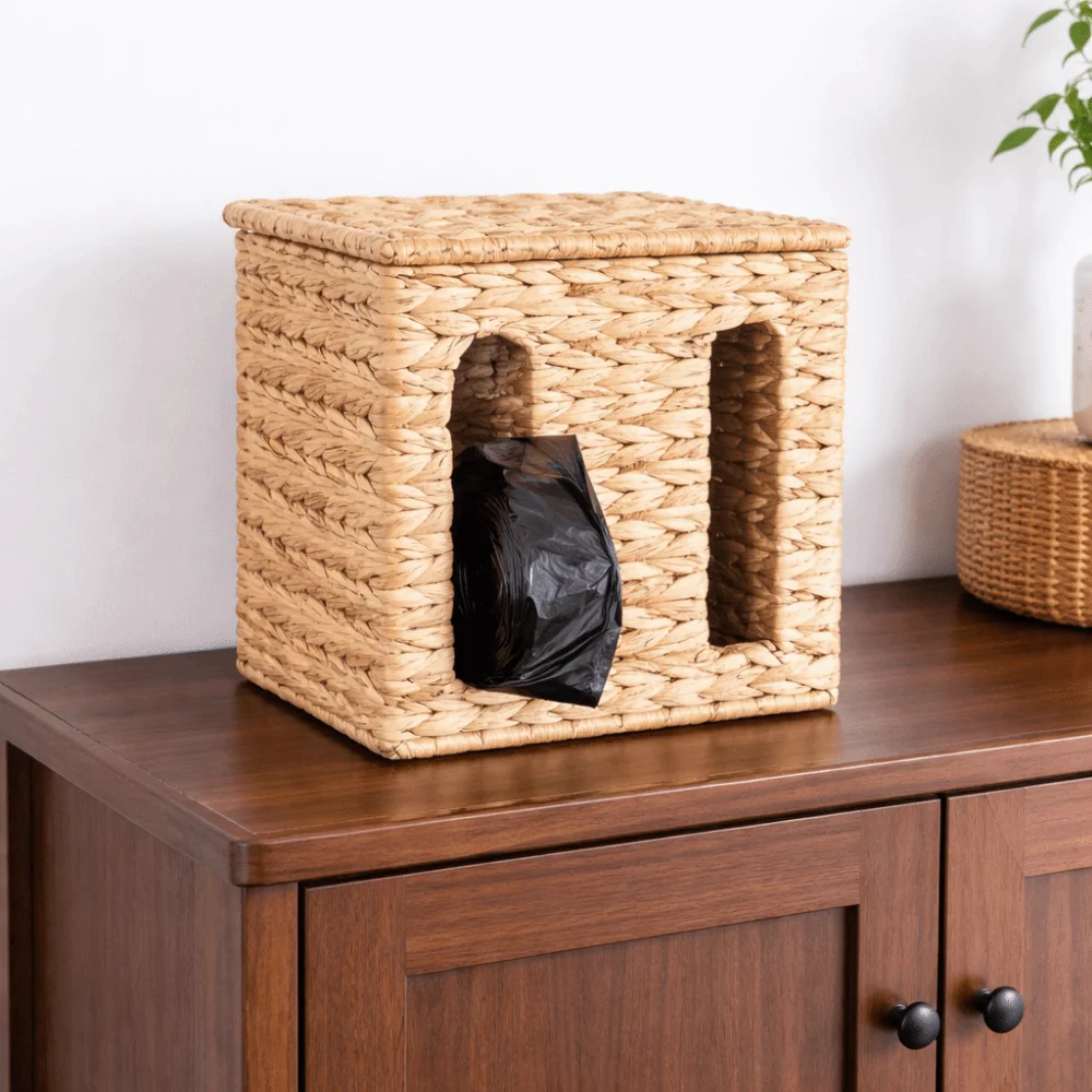 

Rectangular Straw Weaving Storage Basket Large Capacity with Lid Tissue Box Wall Mounted Garbage Bag Storage Box for Kitchen