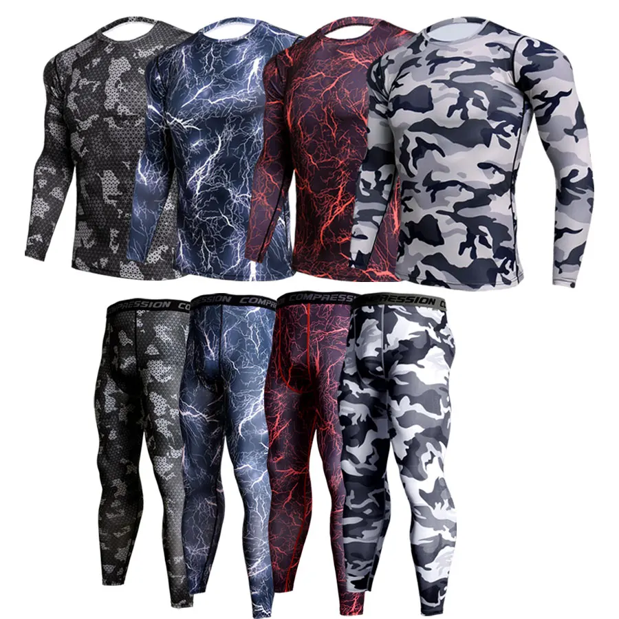 2 peças de compressão MMA manga longa t-shirt e leggings conjunto para homens, kit rashguard, camisola de camuflagem, fitness roupa interior térmica