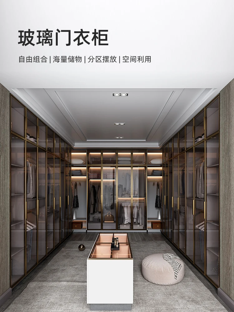 Light luxury glass door walk-in finished wardrobe combination cabinet corner wardrobe modern minimalist L-shaped swing door