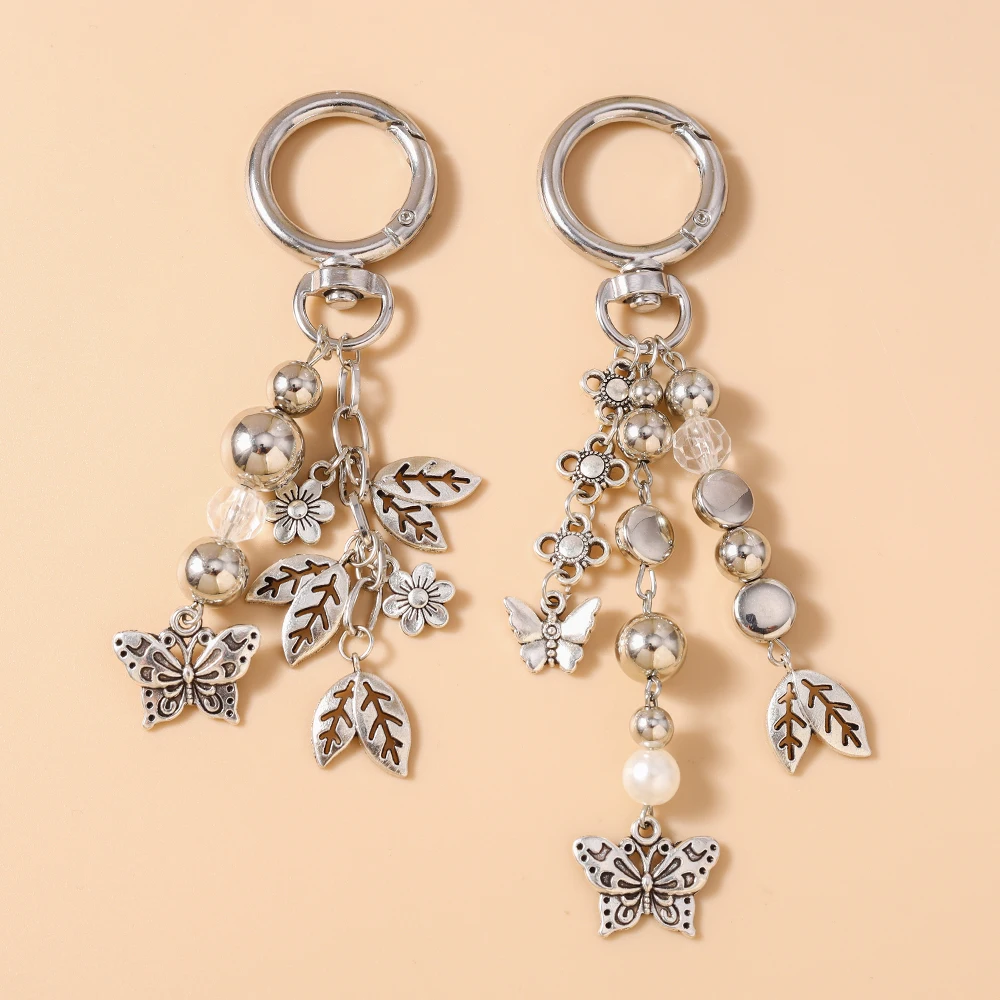 

Cute Alloy Butterfly Leaf Keychain Women Girls Beads Key Ring Pendants for Handbag Decor DIY Handmade Key Chain Gift