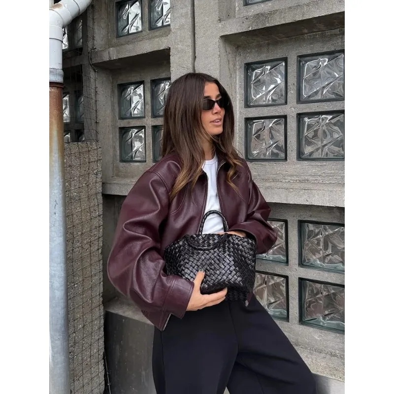 Lapela de couro curto casaco retro feminino zíper manga longa jaquetas femininas 2025 nova moda outono alta rua jaquetas