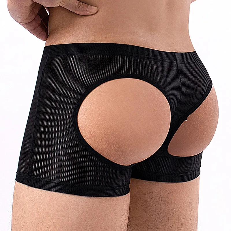 Men Boxers Underwear Sexy Bare Hip Male Panties Breathable Mesh Penis Pouch Boxershorts Men Underpants Funny Erotic Gay Lingerie