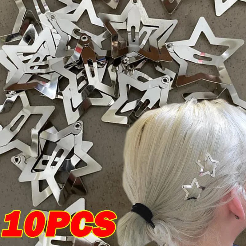 10Pcs Punk Silver Star Hair Clip Hair Metal Snap Clip Hairpins Barrettes for Girls Kids Boutique Hair Accessories Headwear Gifts