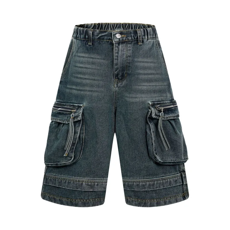 

Men's High Street Vintage Cargo Short Jeans With Pockets Fashion Washed Retro Denim Shorts Elastic Waist Loose Fit