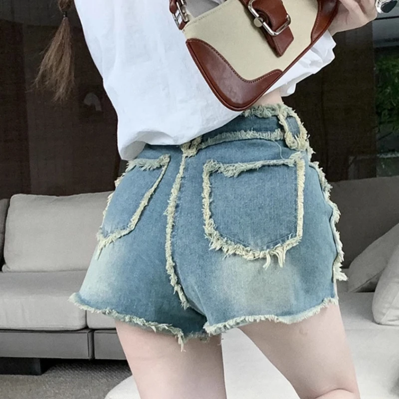 شورت Spice Girl عالي الخصر من قماش الدنيم بتصميم صيفي 2025 يشعر بالسراويل النسائية الساخنة الخام #1