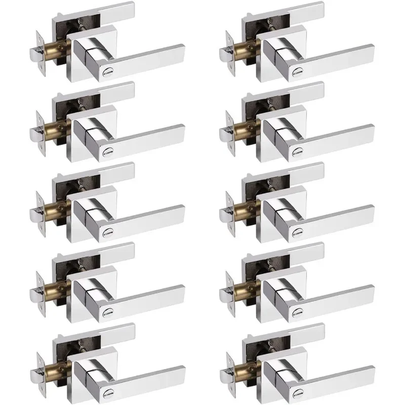 Privacy Door Handles with Square Rosette 10 Pack Bed/Bath Locks in Polished Chrome Interior Door Levers