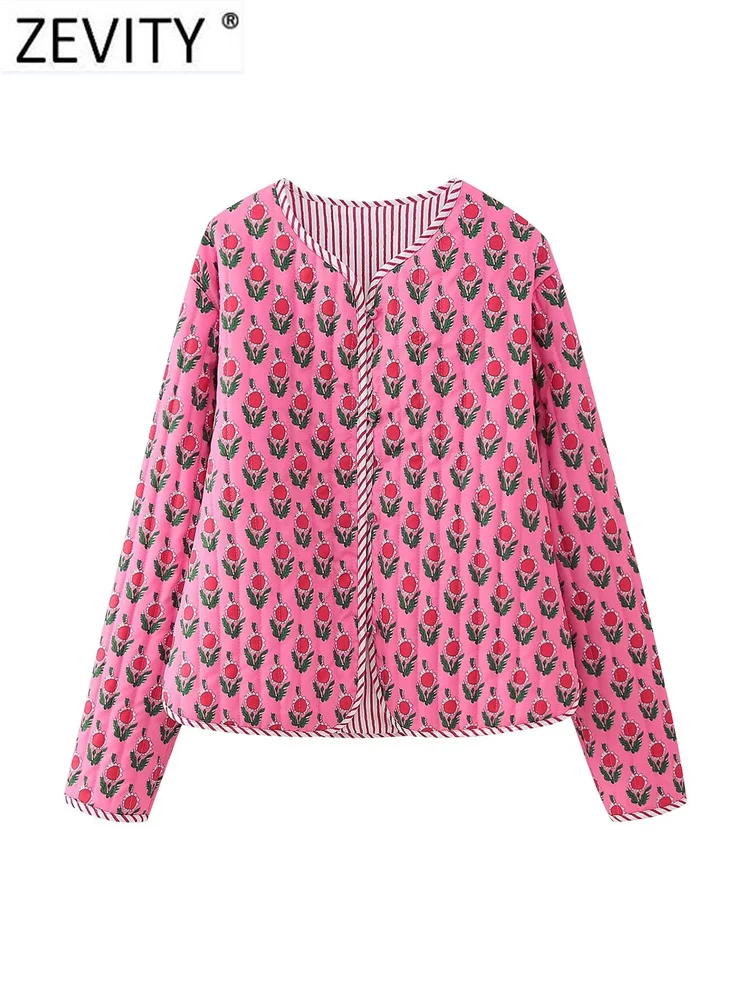 ZEVITY New Women Fashion O Neck Floral Print Casual Cotton Quilted Jacket Female Chic Long Sleeve Buttons Split Coat Tops CT5651