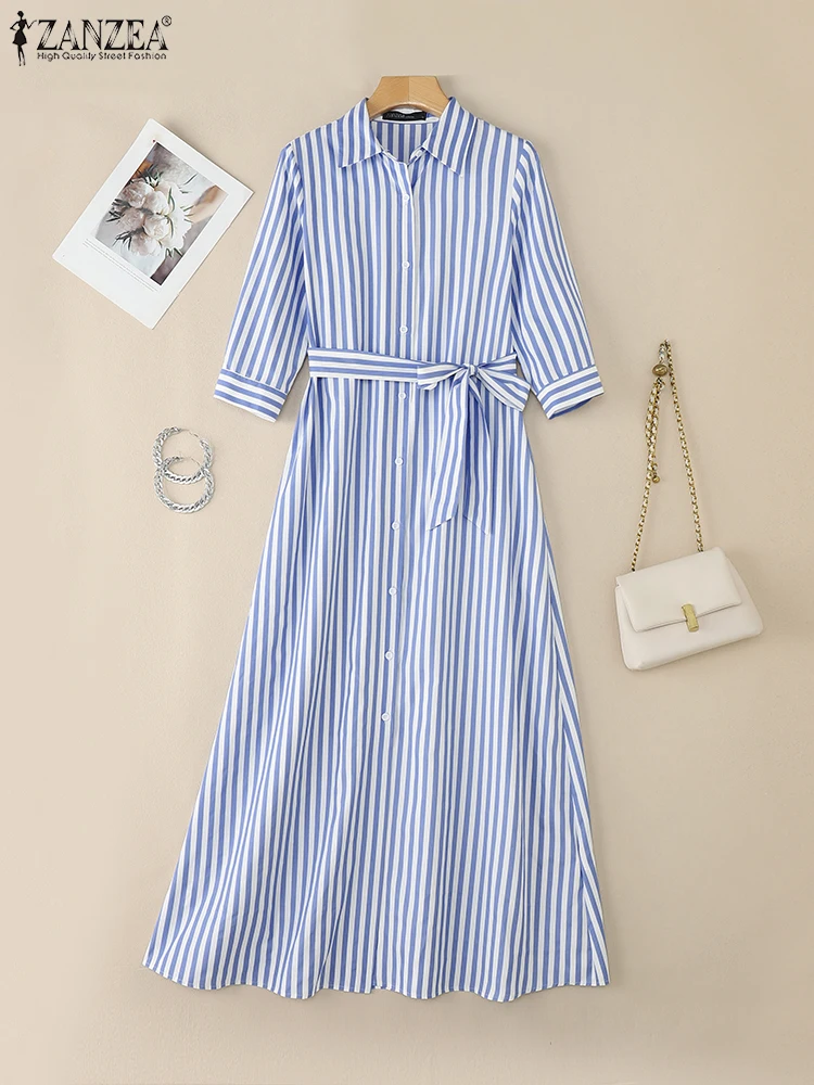 ZANZEA 2025 Autunno Abito a righe Donna Elegante risvolto Collo Manica lunga Vestito estivo Robe Femme Bottoni Up Abiti Abiti da ufficio