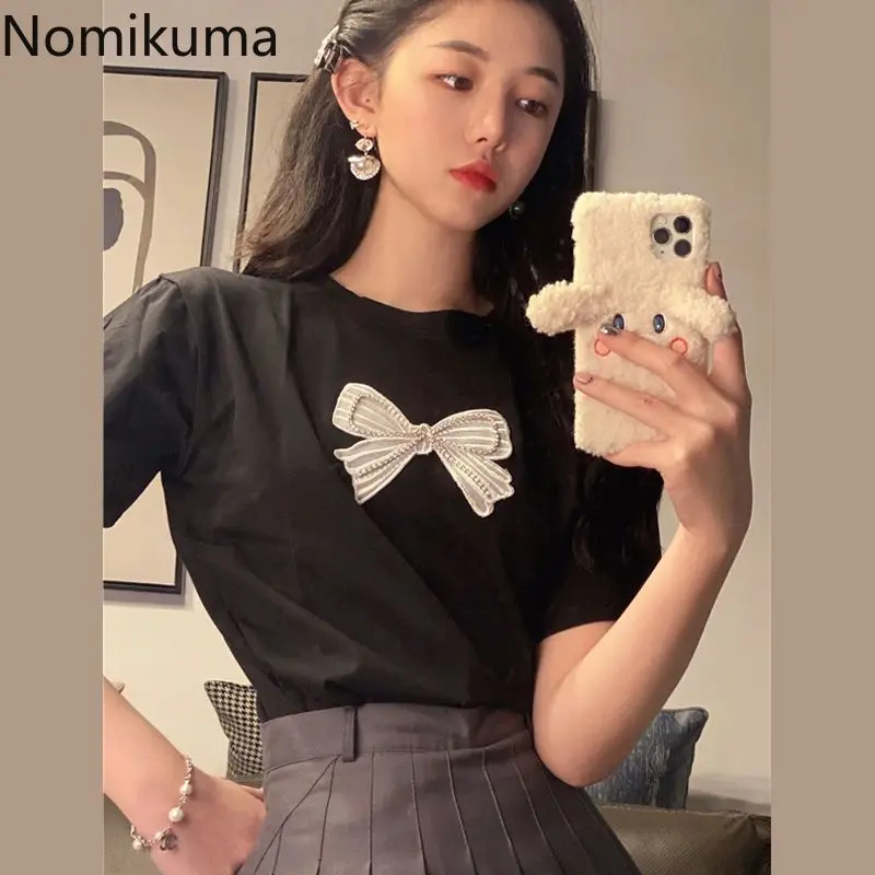 Bow White Tshirts Women Clothing O-neck Short Sleeve Summer Tees Crop Tops 2024 Ropa Mujer Casual Fashion Korean Sweet T Shirts