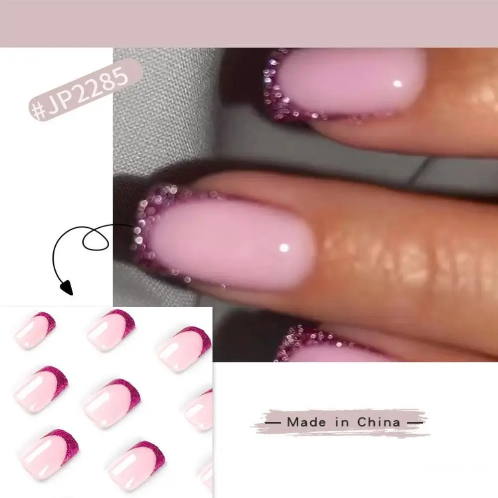 24 Uds puntas de uñas postizas Nials DIY uñas postizas cuadrado corto francés azul diamante comprobar