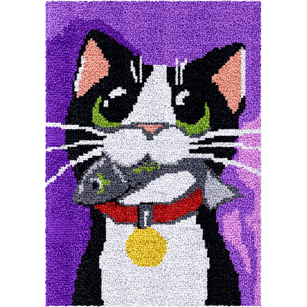 

Cute Cat Latch hook rug kit with Preprinted Canvas Pattern Tapestry embroidery set Unfinished Crocheting Yarn Mat for Adult