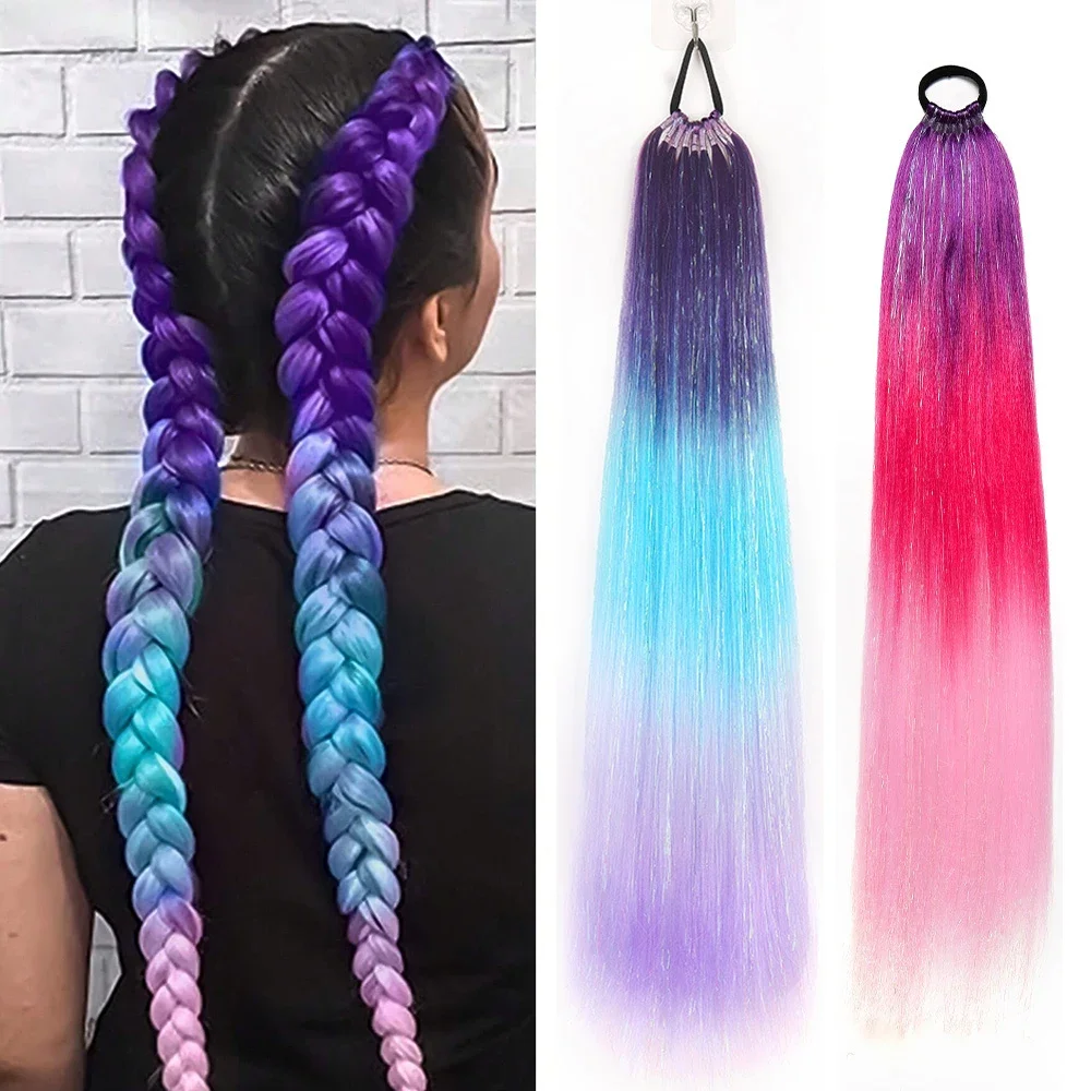 

Synthetic Long Straight Braids Ponytail OmbrePurple Blue Pink Glitter Hair Extensions Women Sparkle Shiny Fluffy Wig