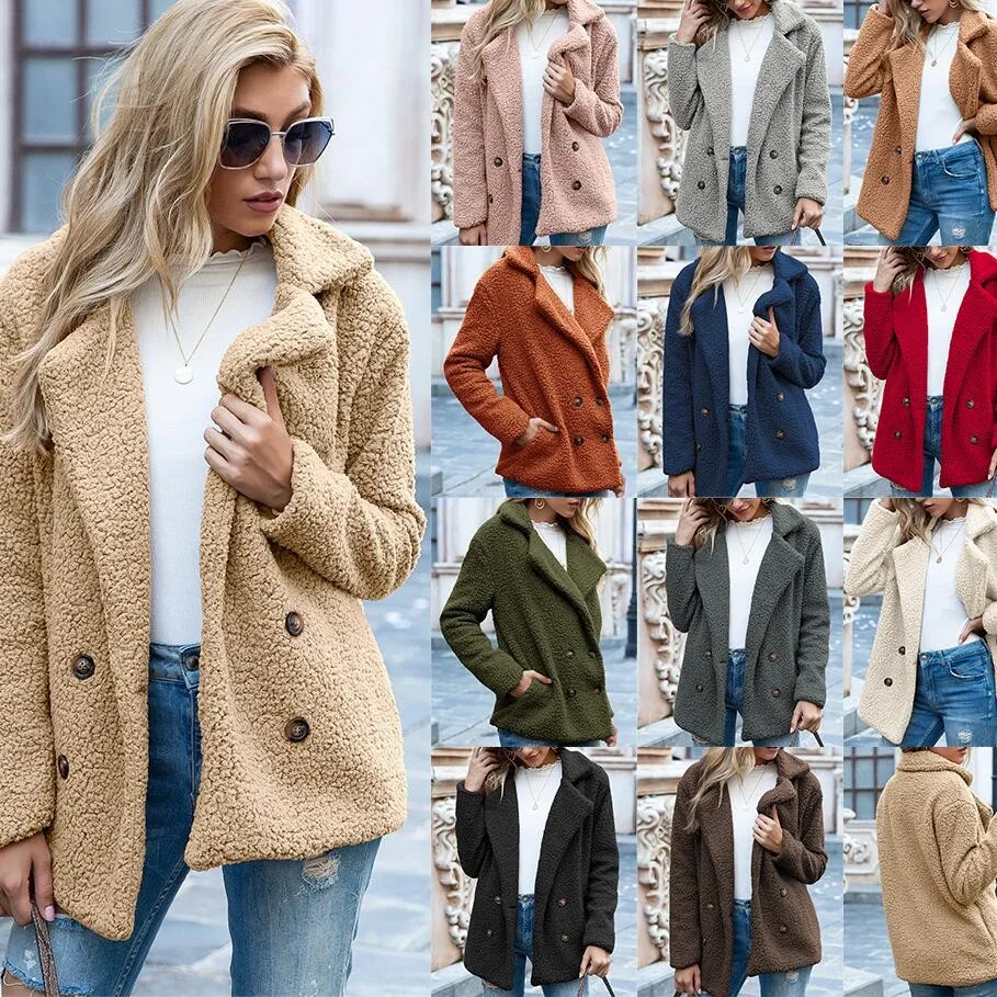 S-5xl Solid Color Women Winter Spring Loose Warm Coat High Quality Teddy Fleece Button Jacket Female Casual Veste Femme 2021