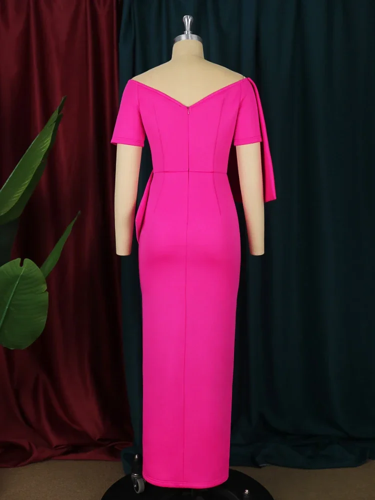 High Slit Party Dress Fuchsia Bare Shoulder Bodycon Bowtie Slim Fit African Gowns Evening Cocktail Party Long Outfits for Women