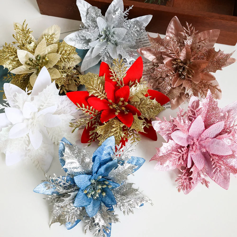 10pcs 14cm Glitter Artificial Christmas Flowers Xmas Tree Ornaments Merry Christmas Decorations for Home New Year Gift