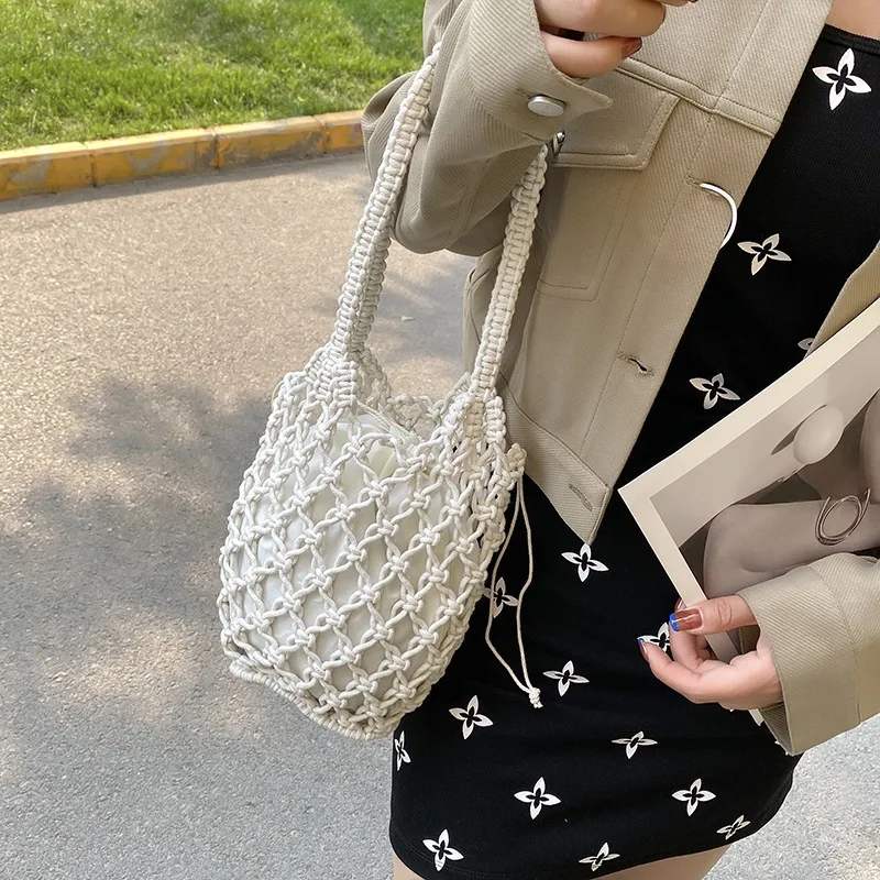 Sommer Strand Tasche Für Frauen Mesh Seil Gestrickte Eimer Schulter Taschen Reticulate Hohl Reise Shopper Totes Damen Mode Handtasche – Detail 11