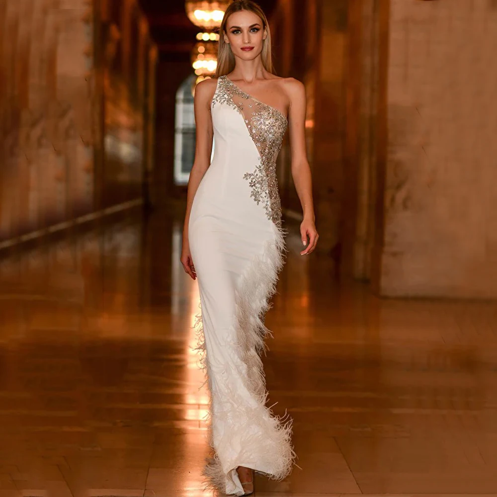 

Luxury Feathers and Applique Beading Evening Dress One Shoulder Mermaid Floor Length Sleeveless Women Party Banquet Gowns