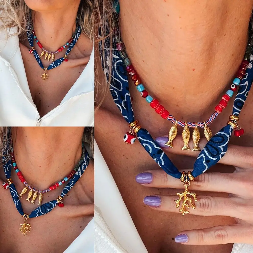 جديد البوهيمي الأسماك المرجان قلادة قلادة الفولاذ المقاوم للصدأ خمر مطرز قلادة الشاطئ المجوهرات #1