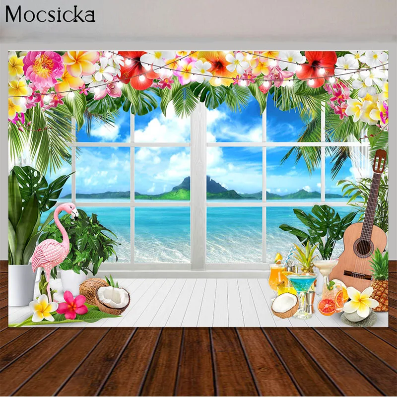 Фон для фотосъемки с изображением летнего пляжа, неба, океана, тропических цветов, пальмовых листьев, доски для серфинга, праздничный декор, баннер для фотосъемки