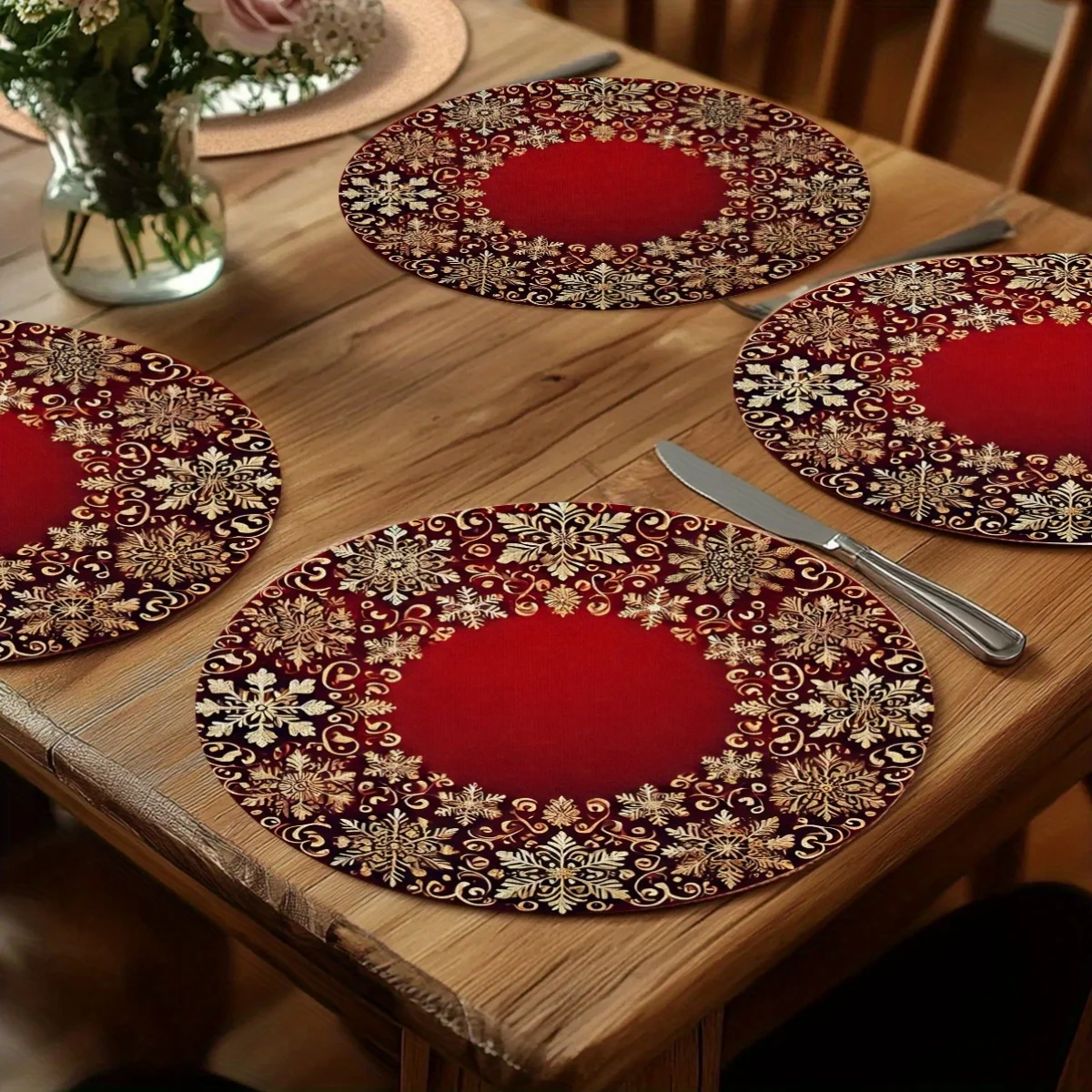 VIKAMA 4-Piece Burgundy Gold Snowflake Placemats Family Gatherings, Holiday Parties Restaurant Table Decor & Accessories