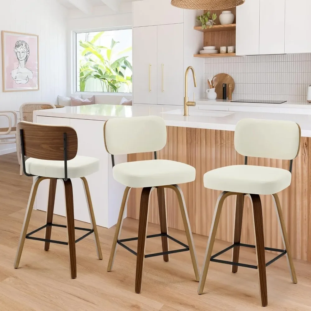 Swivel Counter Height Bar Stools Set of 3,26" Upholstered Faux Leather Barstools with Back and Bent Wood Legs Mid Century Modern