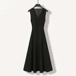 Xiaoxiangfeng Women's V-neck 2024 Spring and Autumn Fashion Slim Flattering Midi Solid Color Sleeveless Zipper Vest A-line Dress